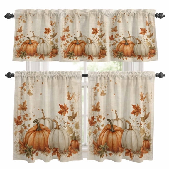 Orange White Pumpkin Fall Kitchen Curtains Sets for Windows 24 Inch Length, Thanksgiving Botanical Leaves Rustic Rod Pocket Window Treatments Tier Curtains and Valances Set for Bedroom/Bathroom