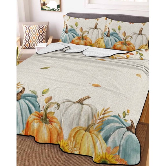 Orange White Pumpkin Fall Queen Size Down Alternative Comforter, Lightweight Comforter Quilt Bedding Set with Pillow Shams Thanksgiving Floral Leaves Rustic Bed Comforter Duvet Insert 90"x96"