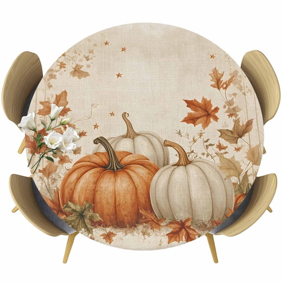 Orange White Pumpkin Fall Round Tablecloth, Fitted Table Cover with Elastic for 36"-44" Round Tables, Thanksgiving Botanical Leaves Rustic Table Cloth Outdoor Dinning Party Waterproof Tablecloths