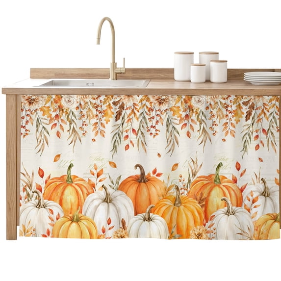 Orange White Pumpkin Fall Sink Skirt for Bathroom, Self-Adhesive Under Sink Curtain, Thanksgiving Weeping Leaves Hide Pipes & Storage Fabric Cabinet Skirt Cover for Kitchen Laundry 32"x55"