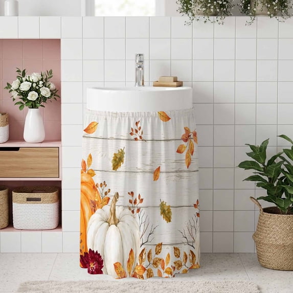 Orange White Pumpkin Fall Small Sink Skirt, Bathroom Vanity Cabinet Adhesive Curtain, Thanksgiving Wooden Autumn Leaves Utility Under Sink Cover Decorative Kitchen Cabinet Curtains 10"x11"