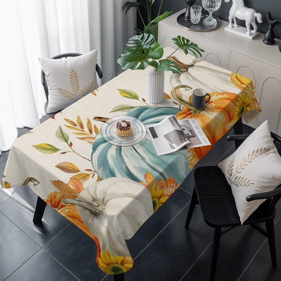 Orange White Pumpkin Fall Table Cloth Waterproof Tablecloths, Thanksgiving Floral Leaves Rustic Tablecloth Dining Table Cover for Kitchen Party Tabletop Outdoor, Rectangle Tablecloth 54x108 Inch