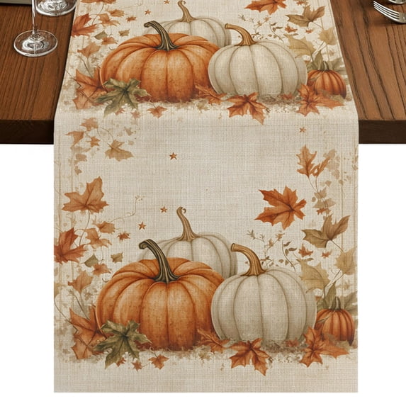 Orange White Pumpkin Fall Table Runner 90 Inches Long,Thanksgiving Botanical Leaves Rustic Cotton Linen Table Runners Dresser Scarves,Fabric Tabletop Scarf Furniture Cover for Dinner Party 13"x90"