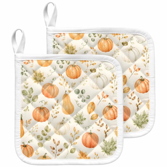 Orange White Pumpkin Pot Holders for Kitchen Heatproof Potholder, 2 Pack Fall Thanksgiving Maple Leaf Boho Hot Pads Multipurpose Oven Pads Terry Cloth Potholders Trivet for Cooking and Baking