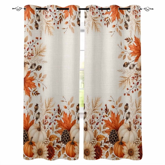 Orange White Pumpkins Blackout Curtains for Bedroom Living Room Darkening Curtains 96 Inches Long Fall Harvest Punpkin Maple Leaf Beige Window Curtain 2 Panels Set Insulated Grommet Drapes 52"x96"