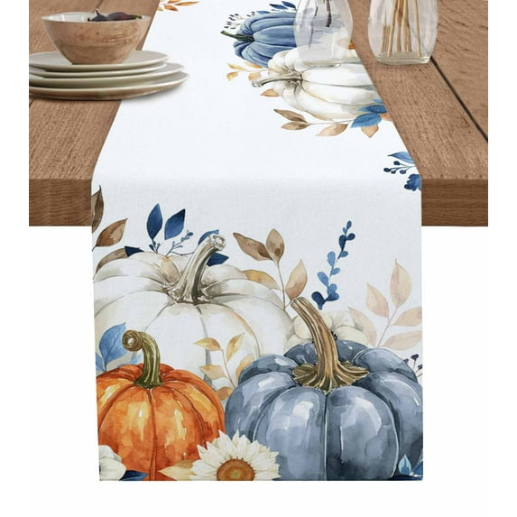 Orange White Pumpkins Fall Burlap-Cotton Table Runner 120 Inches Long,Thanksgiving Blue Eucalyptus Leaves Farmhouse Table Runners,Outdoor Dining Tablecloths for Baby Shower Party Wedding 13x120