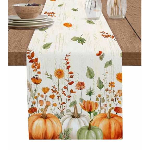 Orange White Pumpkins Fall Burlap Cotton Table Runner 13x120 Inches Long, Thanksgiving Botanical Leaves Farmhouse Table Runners, Outdoor Dining Tablecloths Decor for Baby Shower/Party/Wedding