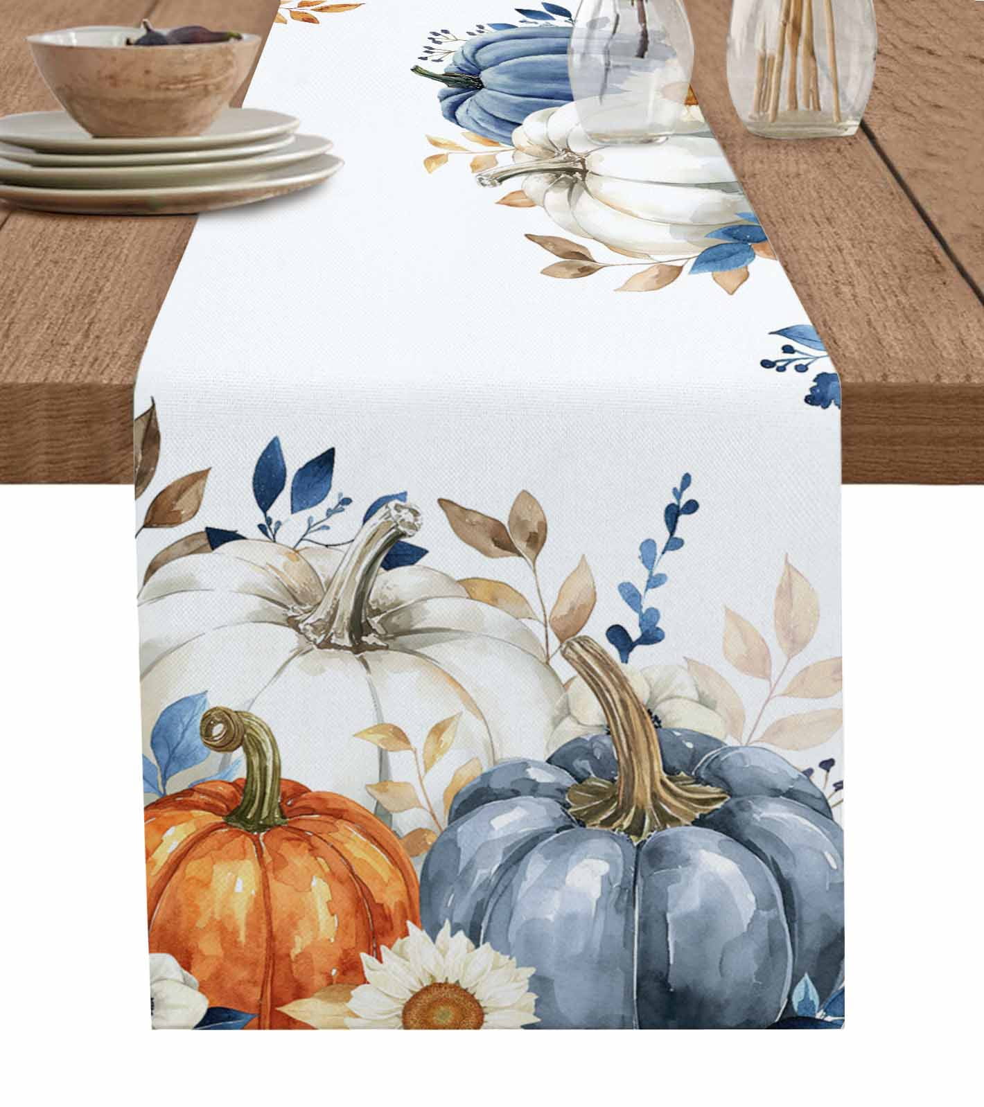Orange White Pumpkins Fall Burlap-Cotton Table Runner 70 Inches Long ...