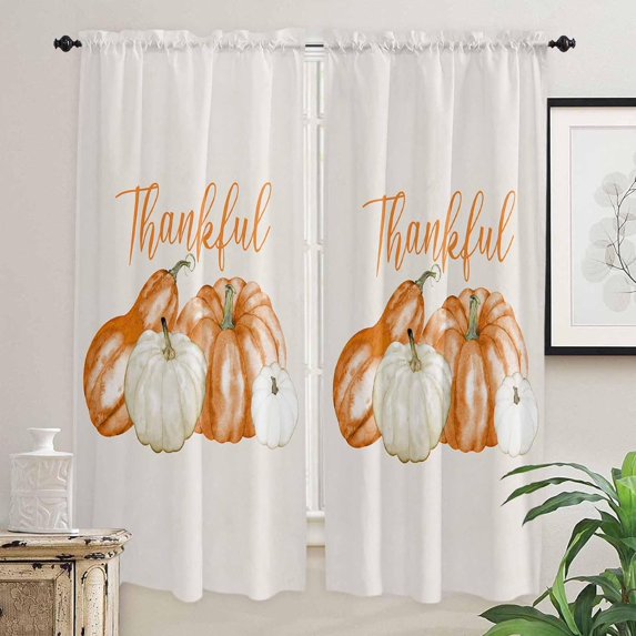 Orange White Pumpkins Fall Kitchen Curtains 84 Inches Long, Thanksgiving Pumpkin Rod Pocket Window Curtains Panels for Bedroom/Bathroom/Nursery, Light Filtering Treatment Curtains Drapes 52"x84"