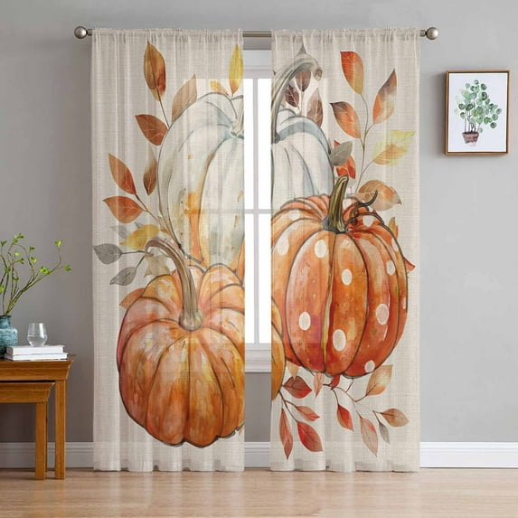 Orange White Pumpkins Fall Sheer Curtains 63 Inches Length 2 Panels Set, Window Sheer Curtains for Living Room/Bedroom, Maple Leaf Harvest Rustic Light Filtering Rod Pocket Curtain 52'' x 63'' x 2