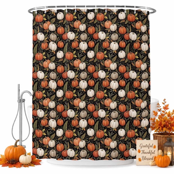 Orange White Pumpkins Fall Shower Curtain, Waterproof Shower Curtains for Bathroom, Vintage Thanksgiving Botanical Washable Fabric Bathtub Curtain Set Bath Decor with 12 Hooks Long 72"x84"