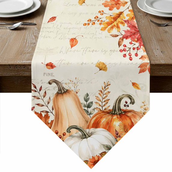 Orange White Pumpkins Fall Table Runner Linen Burlap Table Runner 90 Inches Long Thanksgiving Floral Retro Dresser Scarves for Kitchen Island Coffee Dining Room Party Holiday Decoration 13"x90"