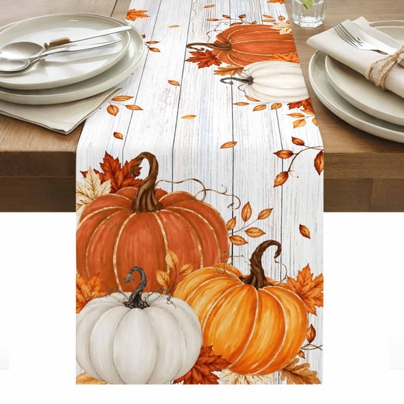 Orange White Pumpkins Fall Table Runner Thanksgiving Botanical Grey Wooden Tablerunners 13 x 60 Inch, Table Decorations Tabletop Scarf for Summer Gathering Holiday Farmhouse Kitchen Dining Decor