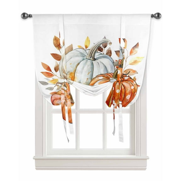 Orange White Pumpkins Fall Tie Up Curtains for Kitchen Bathroom Bedroom Windows 45 Inch Length, Maple Leaf Autumn Harvest Balloon Drape Curtains Shade Rod Pocket Drapery Curtain Panel, 34"x45"