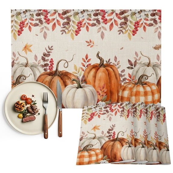 Orange White Pumpkins Placemats Set of 2, Thanksgiving Leaves Fall Rustic Washable Wipeable Table Mats for Dining Tables, Indoor Outdoor Kitchen Place Mats for Holiday Party Table Decor
