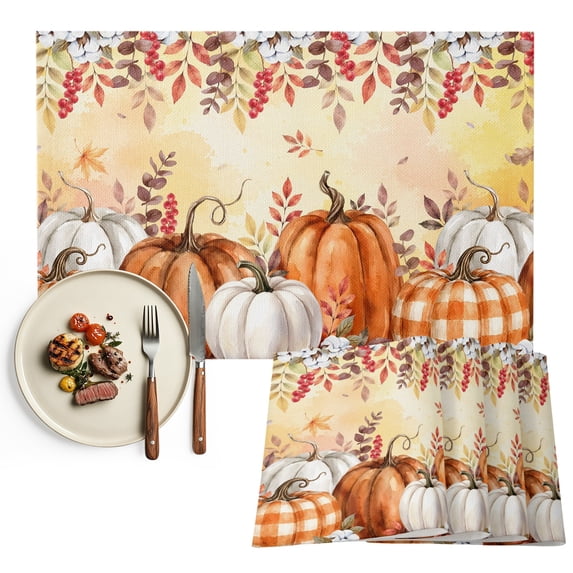 Orange White Pumpkins Placemats Set of 4, Thanksgiving Leaves Fall Ombre Washable Wipeable Table Mats for Dining Tables, Indoor Outdoor Kitchen Place Mats for Holiday Party Table Decor