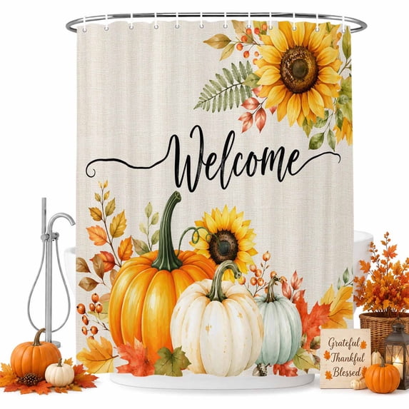 Orange White Pumpkins Shower Curtain, Waterproof Shower Curtains for Bathroom, Fall Thanksgiving Harvest Leaves Floral Washable Fabric Bathtub Curtain Set Bath Decor with 12 Hooks Long 72"x84"