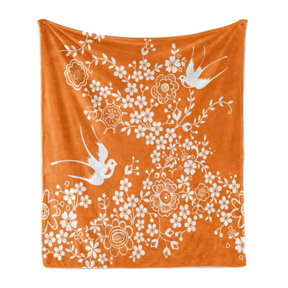 Orange and White Soft Flannel Fleece Blanket, Spring Cherry Tree in Full Blossom with Flying Birds Japanese Nature, Cozy Plush for Indoor and Outdoor Use, 50" x 70", Orange and White, by Ambesonne