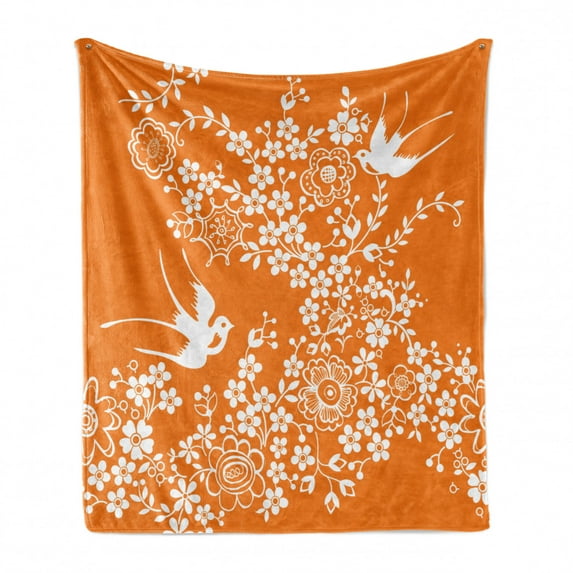 Orange and White Soft Flannel Fleece Throw Blanket, Flora and Fauna Doodle Style Bird Silhouettes and Flowers, Cozy Plush for Indoor and Outdoor Use, 50" x 60", Orange and White, by Ambesonne
