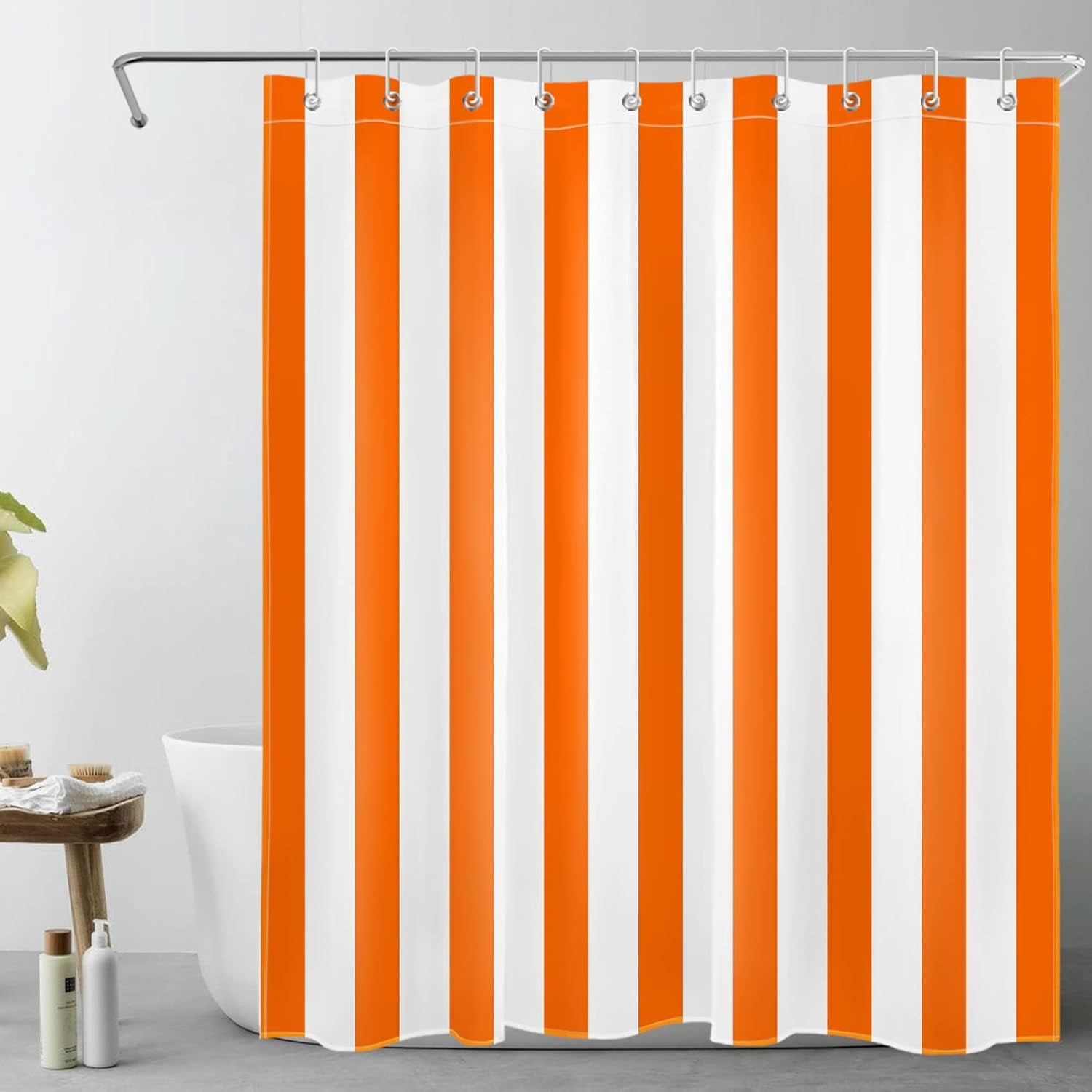 Orange and White Striped Fabric Shower Curtain for Bathroom with 10 Hooks, Vertical Stripe Shower Curtains for Bathroom, Modern Farmhouse Chic Style Bathroom Shower Curtains, 84x72 Inch