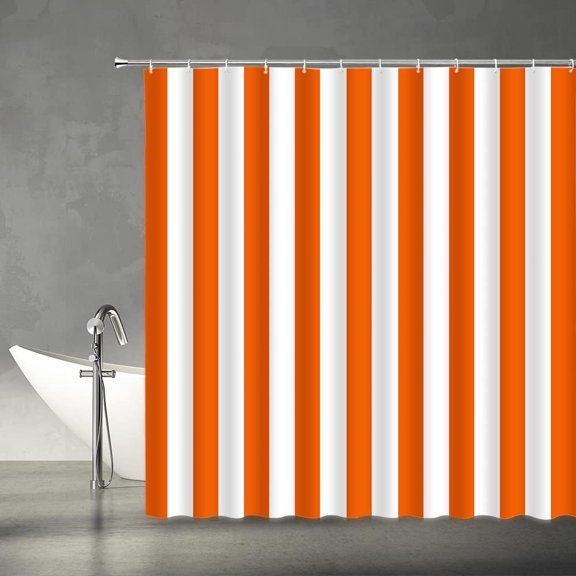 Orange White Striped Shower Curtain, Modern Fashion Stripe Design Pattern Bathroom Decor 72"W x 84"H