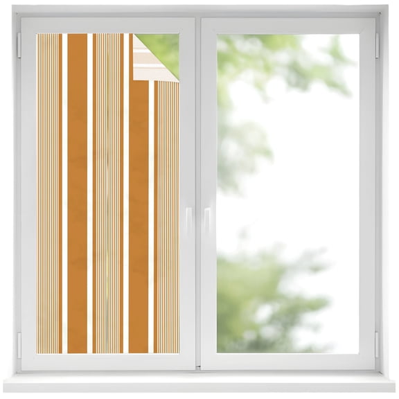 Orange White Stripes Window Privacy Film, Lines Modern Vertical Stripes Frosted Glass Window Clings Static Cling UV Heat Blocking Reusable Door Sticker for Bathroom 17.7 x 39.3 Inch