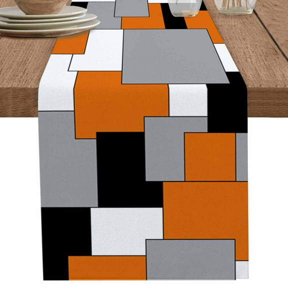 Orange White Table Runner 90 Inches Long for Dining Decor,Black Grey Middle Century Abstract Patchwork Color Art Burlap Linen Farmhouse Table Runner Coffee Table Runners for Kitchen Party Holiday