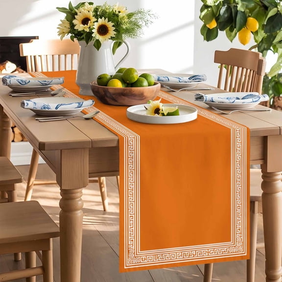 Orange White Table Runner, Greek Inspired Abstract Geometric Art Washable Kitchen Table Runners Dress Scarves for Dining Table Decorations Party/Restaurant/Indoor Outdoor Use, 13x36in