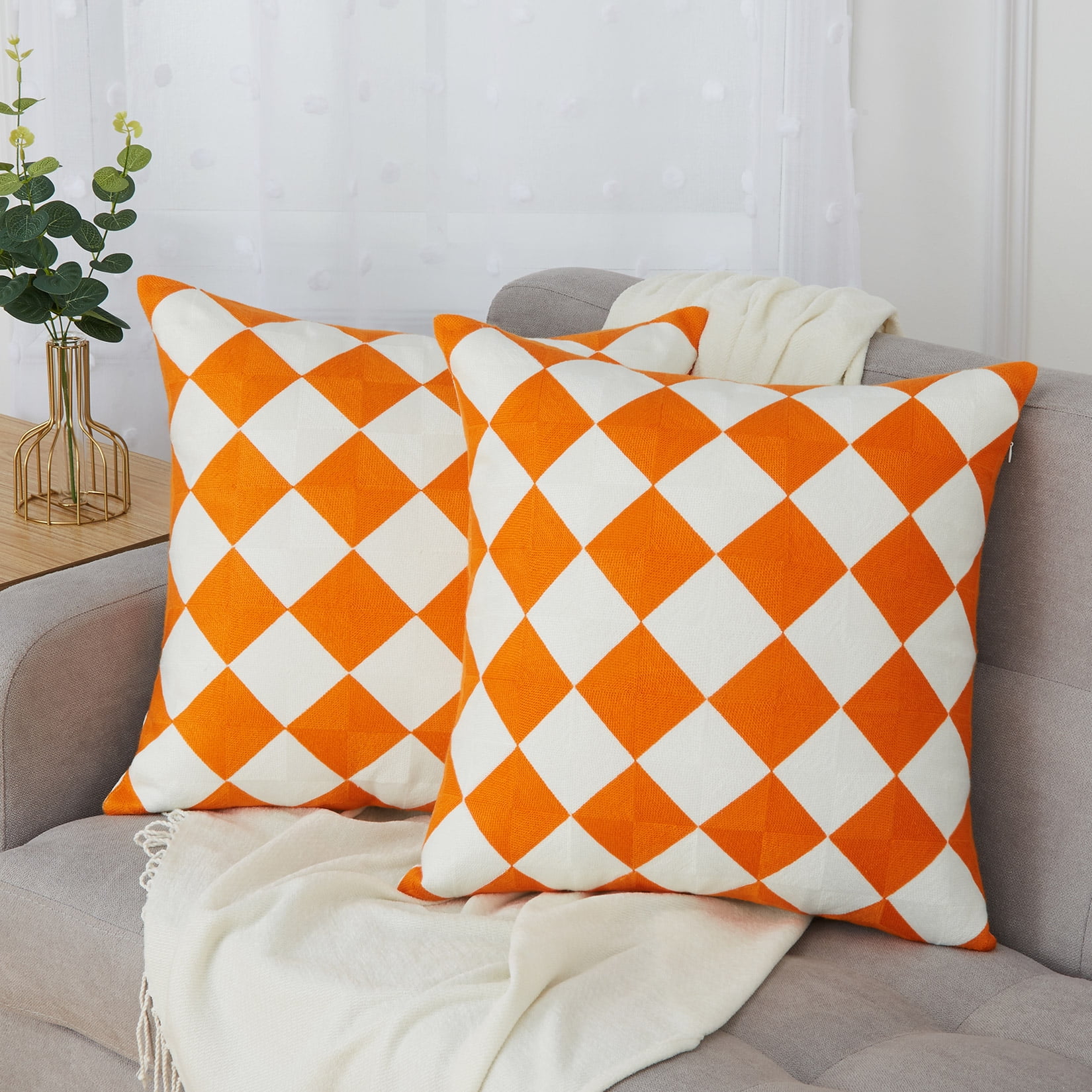 Orange White Throw Pillow Covers 20 Checkered Embroidered Couch Pillow for Living Room Set of 2