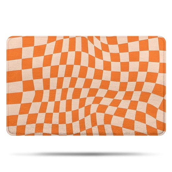 Orange and White Wavy Checkerboard Pattern Bathroom Rugs Mat,Non Slip Microfiber Bathroom Rug,Rubber Backing,Soft Bathroom Mats for Bathroom Floor,Tub and Shower,20x32in(50x80cm)