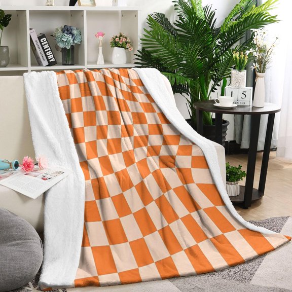 Orange and White Wavy Checkerboard Pattern Blanket,Comfortable Soft Flannel Throw Blanket,All Season,Warm Lightweight Blankets for Sofa Bed Couch Living Room Chair,40"x50"