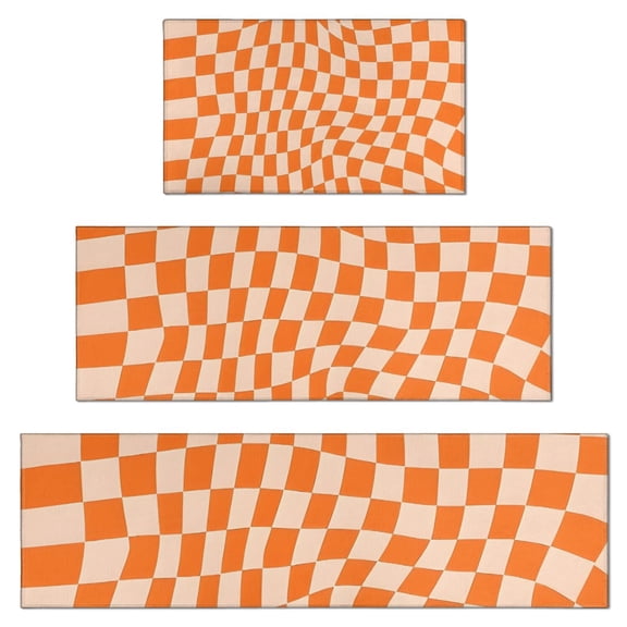 Orange and White Wavy Checkerboard Pattern Kitchen Rugs Sets Of 3,Kitchen Runner Rugs Non Skid Washable,Decorative Kitchen Floor Mats for Kitchen,Sink,Laundry,17"x30"+ 17"x47" + 17"x59"