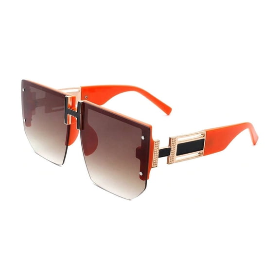 Orange Wide Square Sunglasses with Brown Gradient & H-Shaped Detail, UV400 Protection Polarized Lenses, Chic Fashion Sunglasses for Outdoor Activities