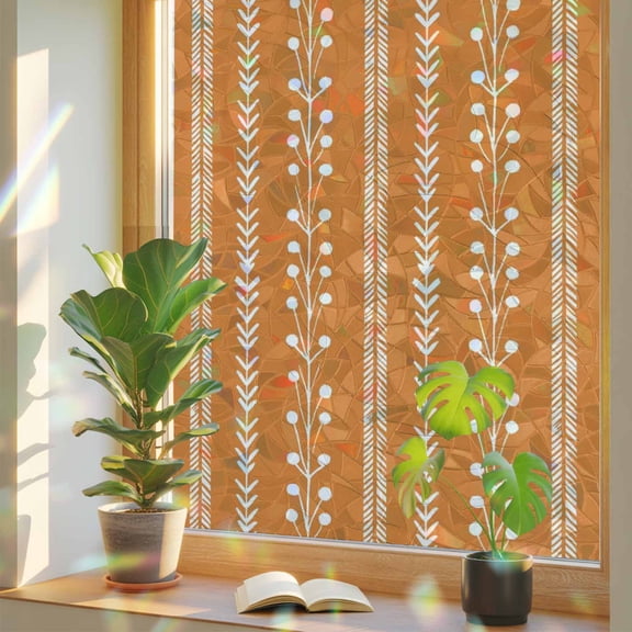 Orange Window Privacy Film, Autumnal Rustic Vertical Dashed Lines Shabby Chic Leaf Stained Glass Rainbow Film Decorative Window Clings, Static Cling Sun Blocking Stickers 17.7" x 39.3"