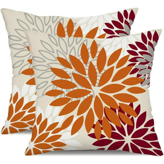 Orange Red Flower Pillow Covers 18x18 Inch Set of 2 Outdoor Throw Pillows Outdoor Waterproof Decor for Living Room Sofa Patio Funiture Garden Floral Linen Cushion Case