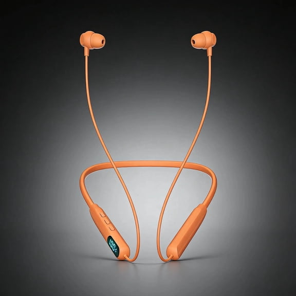 Orange Wireless Neckband Earbuds, Bluetooth In-Ear Headphones with LED Battery Display, Magnetic Earbuds, USB-C Charging, Noise Reduction, Built-In Microphone for Sports, Music and Hands-Free Calls