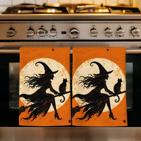Orange Witch Halloween Kitchen Towels Set of 2, Moon Night Star Horror Absorbent Dish Towels for Kitchen, Microfiber Hand Towel, Quick Drying Tea Towel for Cleaning Decorative Dishcloths