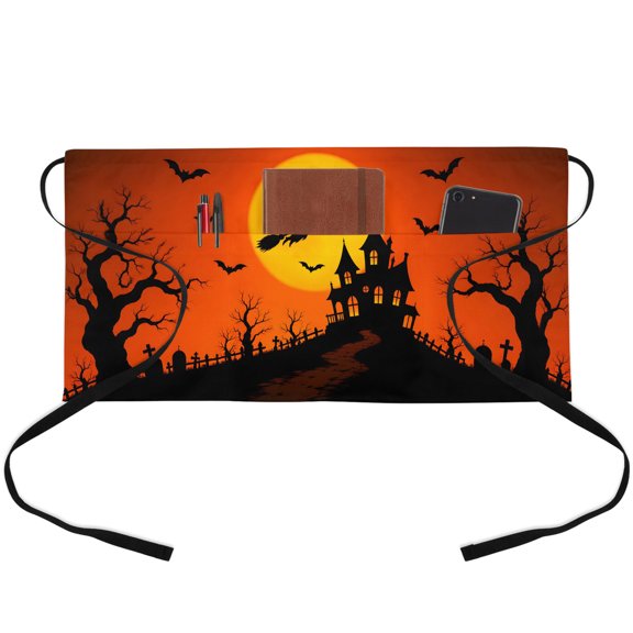 Orange Witch Halloween Waitress Apron with 3 Pockets, Black Tree Bats Castle Server Aprons Waterproof Kitchen Restaurant Half Waist Apron for Men Women