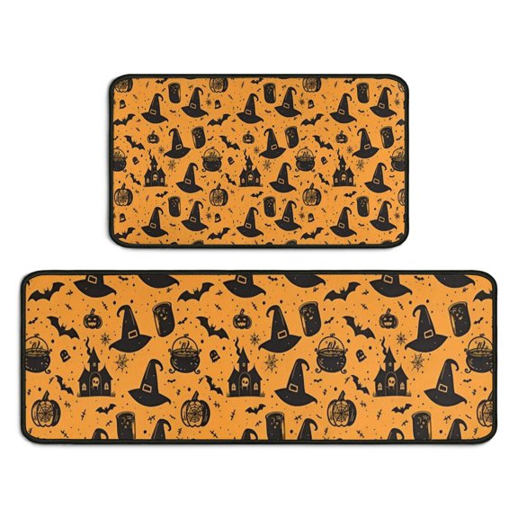 Orange Witch Hat Halloween Pattern Kitchen Rugs Sets Of 2,Anti Fatigue Kitchen Mat Rugs Non Slip Washable,Decorative Kitchen Floor Mats for Kitchen,Sink,Laundry,17"X30"+17"X47"