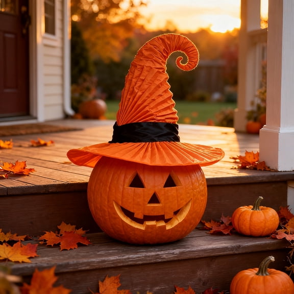 Orange Witch Hat for Women, Spiral Curled Halloween Witch Hat Decor with Black Band