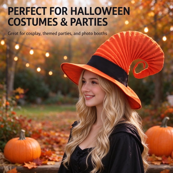 Orange Witch Hat for Women, Spiral Curled Halloween Witch Hat Decor with Black Band