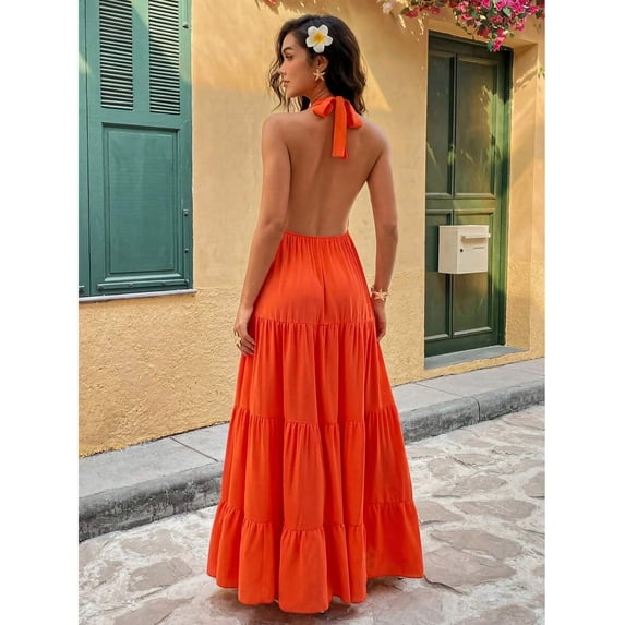 Orange Women Deep V-Neck Halter Vacation Dress Ruffle Hem Tiered Maxi