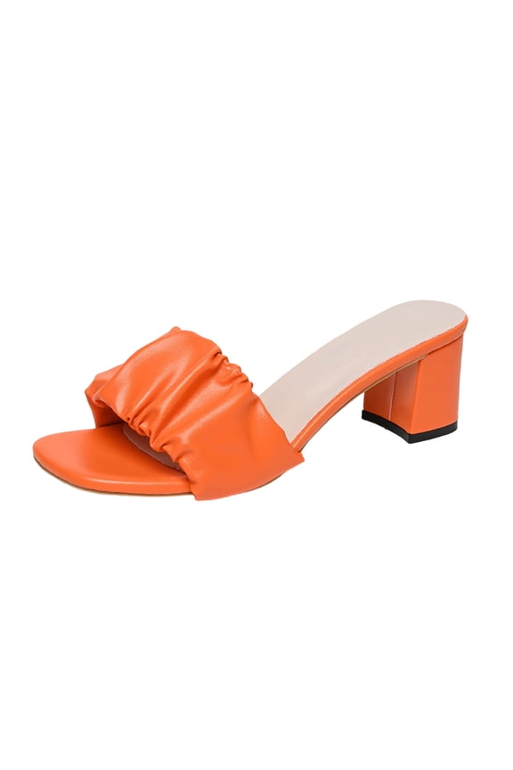 Orange Women One Strap Pu Slippers Candy Color Fold Mid Heel Square Toe Summer