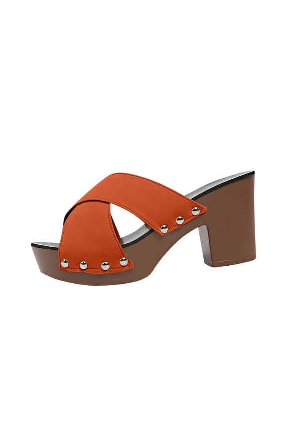 Orange Women'S Casual Open Toe High Heel Shoes, Solid Color Cross Strap Thick Heel Summer
