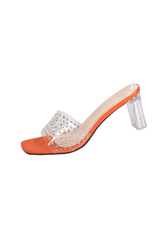 Orange Women'S Sandals Transparent Block Heel Mule With Rhinestone Embellished Pvc Strap Soft Padded Insole Rubber Outsole Open Toe Backless Slip On For Party Date Daily