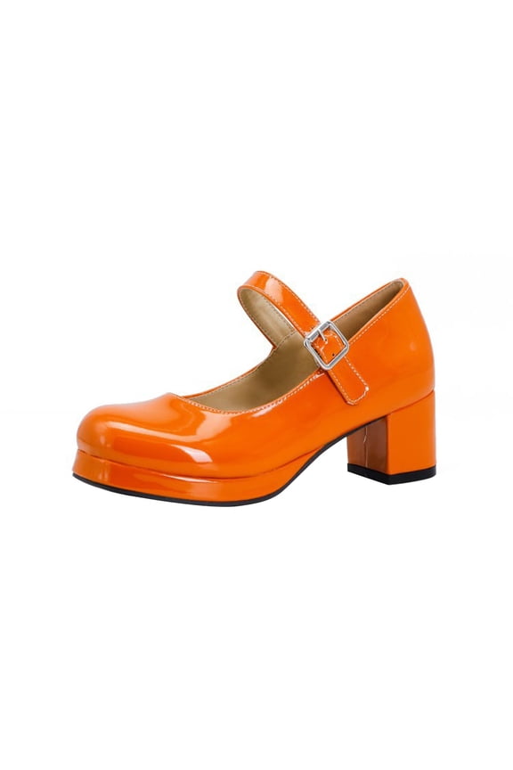 Orange Women'S Slip-On Pumps Round Toe Patent Leather Candy Color Chunky Mid Heel One-Strap Casual Comfortable Non-Slip Daily Wear Footwear Size 43