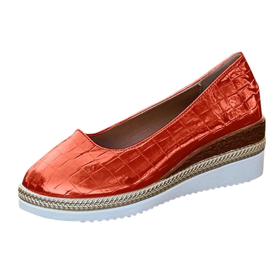 Orange Women'S Wedge Shoes Slip-On Canvas Sole Shoes Thick Sole Design Metal Embossed Upper Casual Insole Orange 42 10.24 Inch Pu