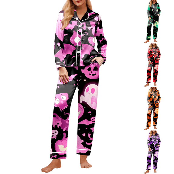 Orange Women Satin Pajamas Set Polyester,Spandex 2026 2 Piece Cute Satin Silk Ghost Pumpkin Print Long Sleeve Button Top with Long Pants Sets Fall Matching Sleepwear XL