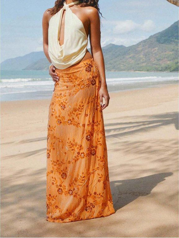 Orange Women Summer Sequin Floral Embroidery Long Skirt Casual Elegant