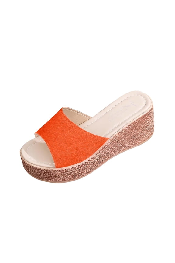 Orange Women Wedge Sandals Thick Sole Outdoor Casual Summer Wear Orange Flock Material Size 43 Us 7.5 Foot Length 26.5 Cm Heel 2.16 Inches Round Toe